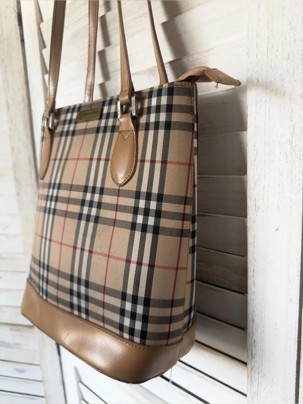 Fashion Check Pattern Faux Leather Tan Tote Bag Purse